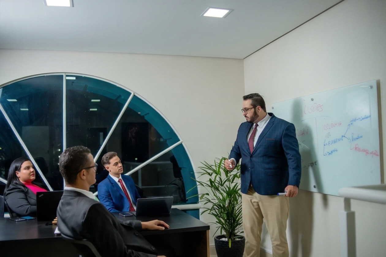 Reunião estratégica com equipe da JVMG Advocacia analisando caso jurídico