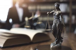 Imagem institucional da JVMG Advocacia: Front View Blurry Lawyer Working