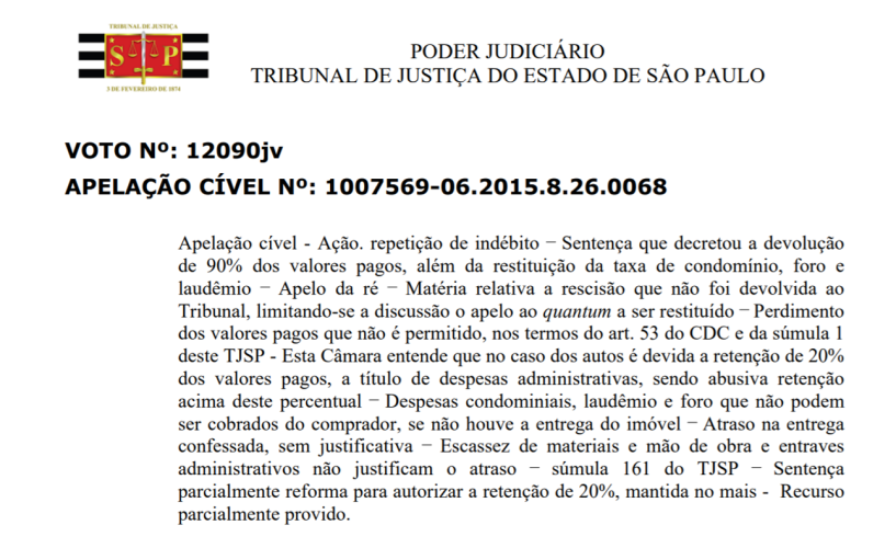 foto de uma descisção a favor de um distrato imobiliário onde o cliente conseguiu reaver 90% do valor perdido