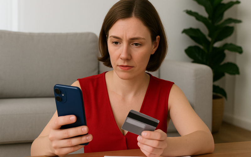 mulher preocupada olhando o celular e o cartão de crédito